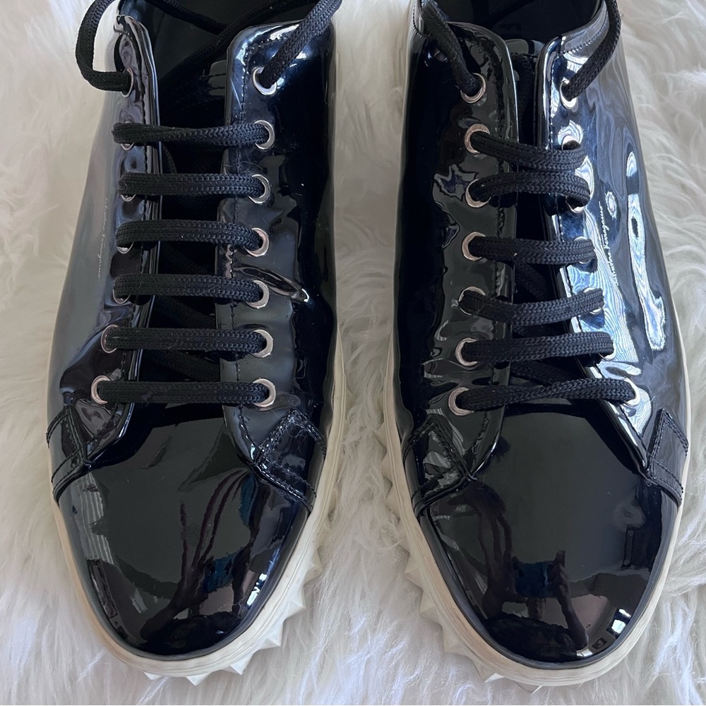 Salvatore Ferragamo Men’s 11.5 Cube 2 Black Patent Leather Sneakers - Picture 2 of 16